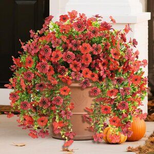 Red Brown Artificial Hanging Faux 2-Pcs Flowers Plants Outdoors Home Decor
